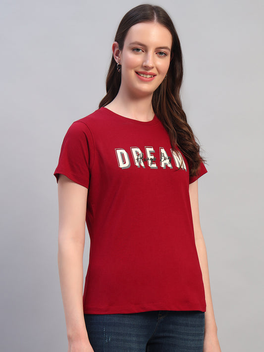 Women Maroon Printed Half Sleeves Round Neck Casual T-Shirt