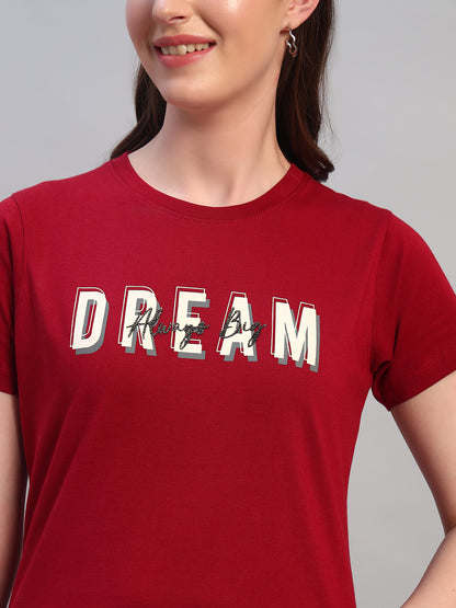 Women Maroon Printed Half Sleeves Round Neck Casual T-Shirt