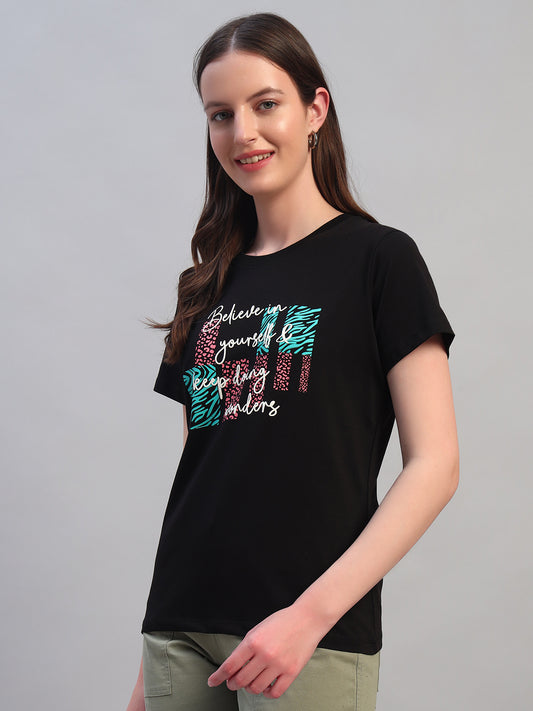 Women's Printed Black Round Neck Half Sleeves Casual T-Shirt