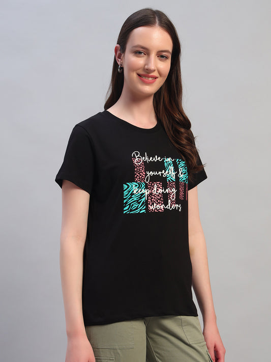 Women's Printed Black Round Neck Half Sleeves Casual T-Shirt