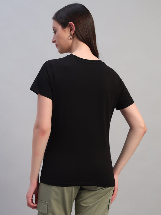 Women's Printed Black Round Neck Half Sleeves Casual T-Shirt