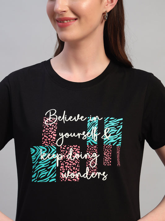 Women's Printed Black Round Neck Half Sleeves Casual T-Shirt