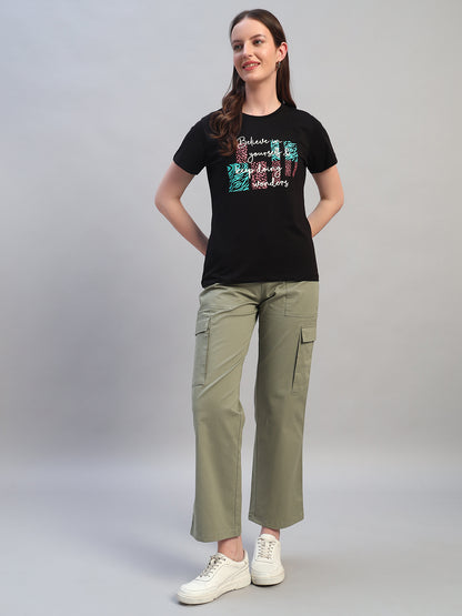 Women's Printed Black Round Neck Half Sleeves Casual T-Shirt
