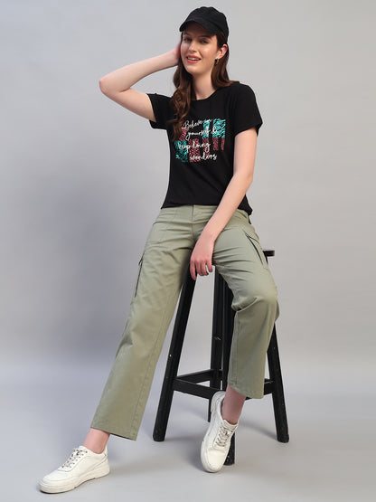 Women's Printed Black Round Neck Half Sleeves Casual T-Shirt