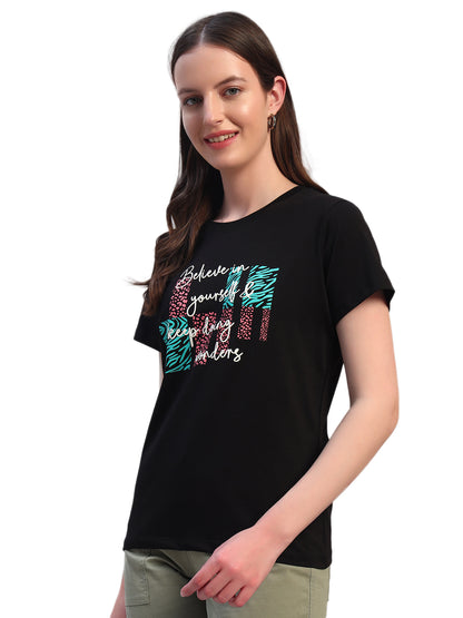 Women's Printed Black Round Neck Half Sleeves Casual T-Shirt