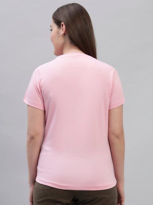 Women's Pink Printed Half Sleeves Round Neck Casual T Shirt