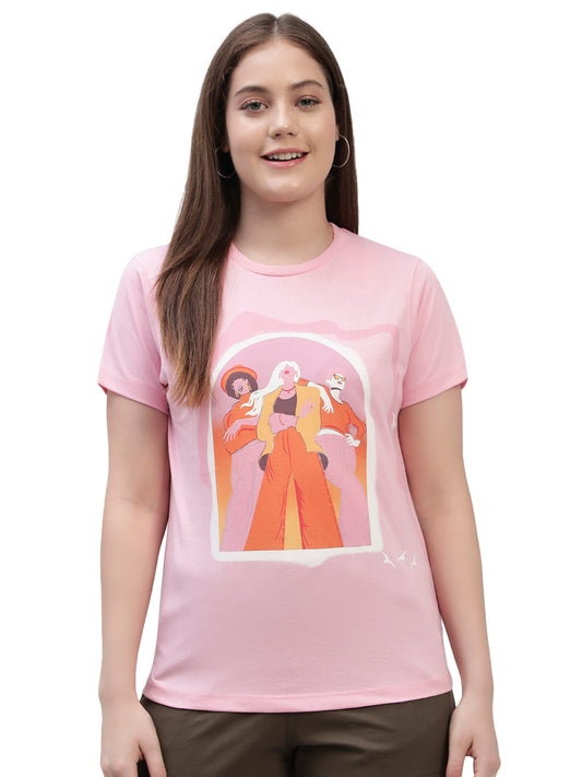 Women's Pink Printed Half Sleeves Round Neck Casual T Shirt