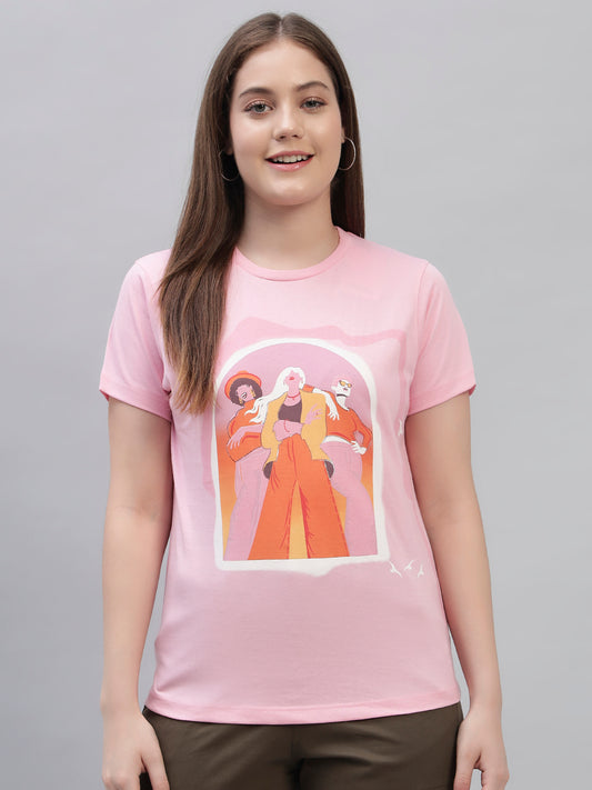 Women's Pink Printed Half Sleeves Round Neck Casual T Shirt