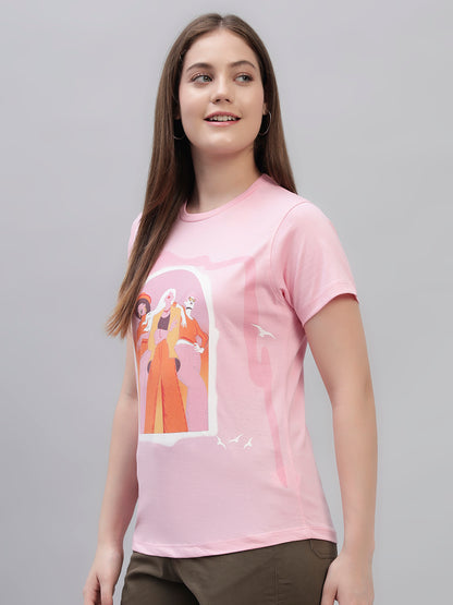 Women's Pink Printed Half Sleeves Round Neck Casual T Shirt