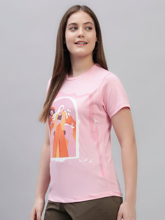 Women's Pink Printed Half Sleeves Round Neck Casual T Shirt