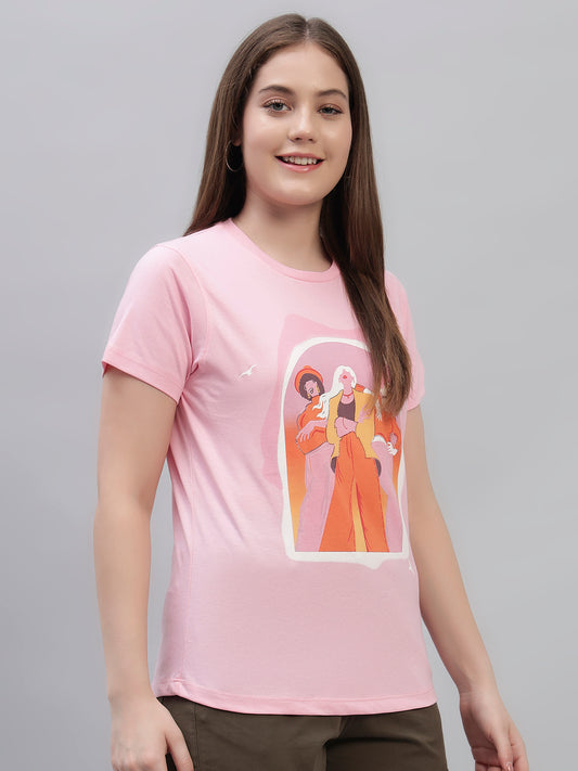 Women's Pink Printed Half Sleeves Round Neck Casual T Shirt