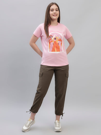 Women's Pink Printed Half Sleeves Round Neck Casual T Shirt