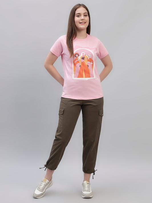 Women's Pink Printed Half Sleeves Round Neck Casual T Shirt