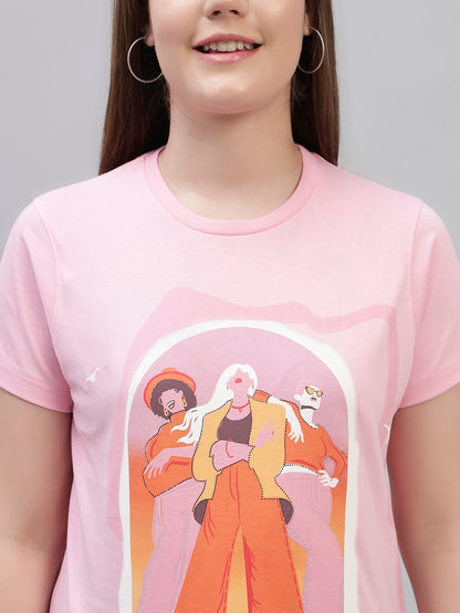 Women's Pink Printed Half Sleeves Round Neck Casual T Shirt