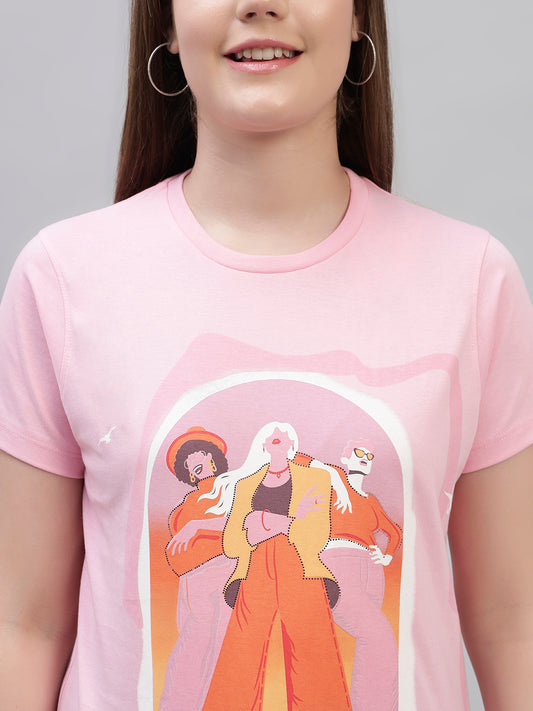Women's Pink Printed Half Sleeves Round Neck Casual T Shirt