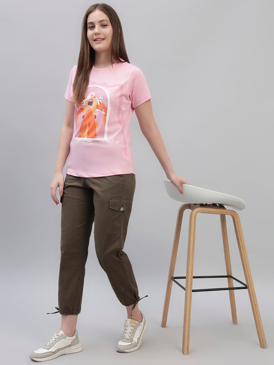 Women's Pink Printed Half Sleeves Round Neck Casual T Shirt