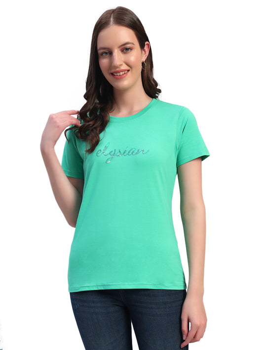 Women's Printed Green Round Neck Half Sleeves Casual T-Shirt