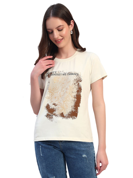 Women's Printed Ivory Round Neck Half Sleeves Casual T-Shirt