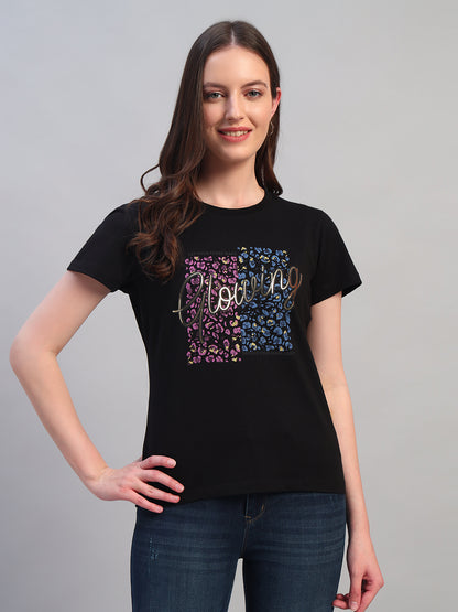 Women's Printed Black Round Neck Half Sleeves Casual T-Shirt