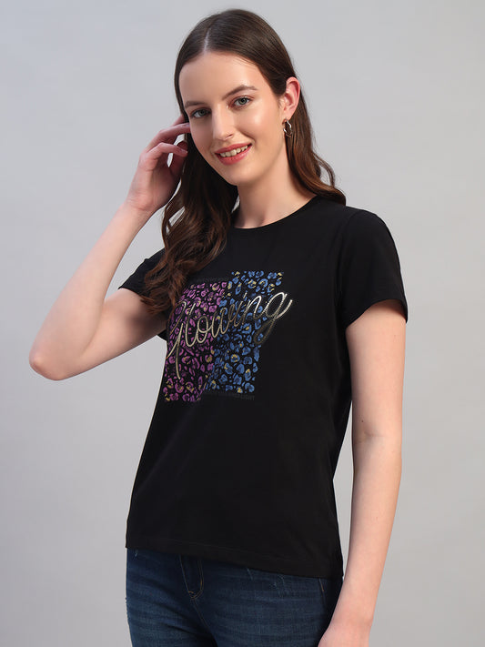 Women's Printed Black Round Neck Half Sleeves Casual T-Shirt