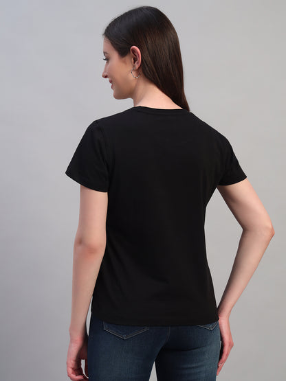 Women's Printed Black Round Neck Half Sleeves Casual T-Shirt