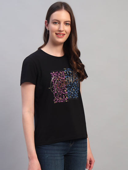 Women's Printed Black Round Neck Half Sleeves Casual T-Shirt