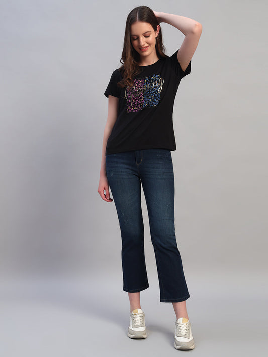 Women's Printed Black Round Neck Half Sleeves Casual T-Shirt
