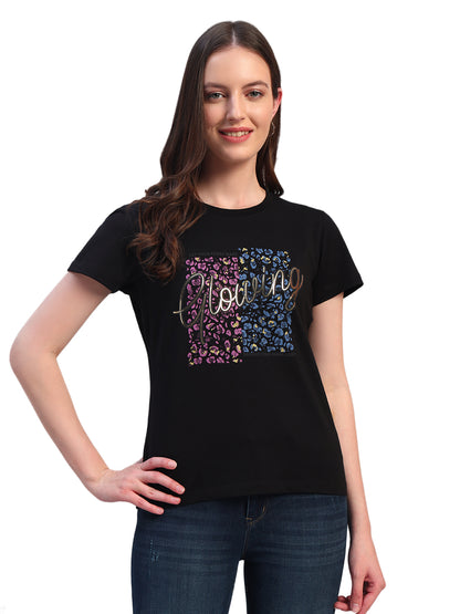 Women's Printed Black Round Neck Half Sleeves Casual T-Shirt