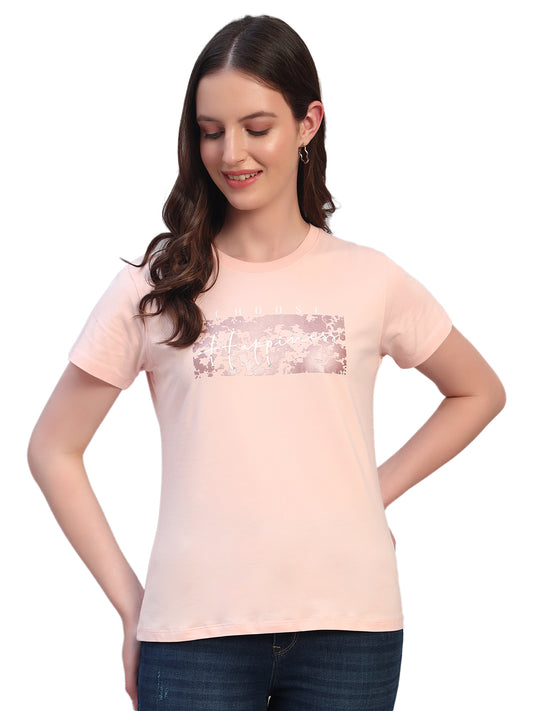 Women's Printed Light Pink Round Neck Half Sleeves Casual T-Shirt