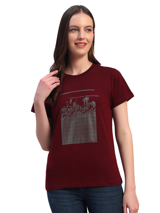 Women's Printed Wine Round Neck Half Sleeves Casual T-Shirt