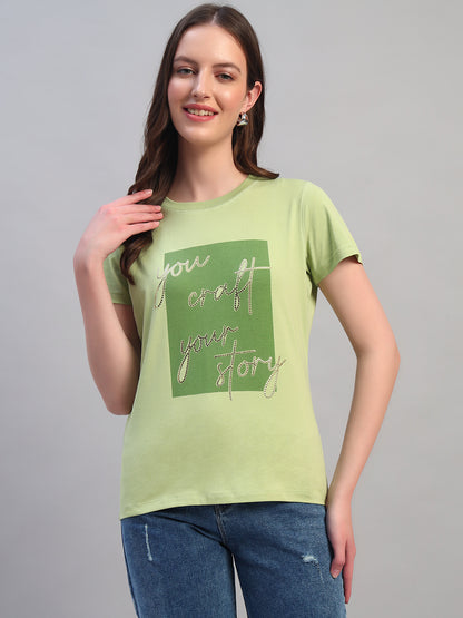 Women's Printed Mint Green Round Neck Half Sleeves Casual T-Shirt
