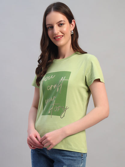 Women's Printed Mint Green Round Neck Half Sleeves Casual T-Shirt