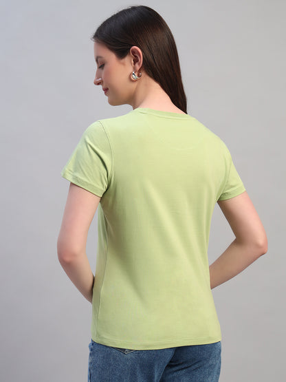 Women's Printed Mint Green Round Neck Half Sleeves Casual T-Shirt