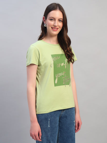 Women's Printed Mint Green Round Neck Half Sleeves Casual T-Shirt