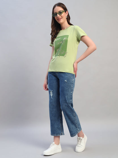 Women's Printed Mint Green Round Neck Half Sleeves Casual T-Shirt