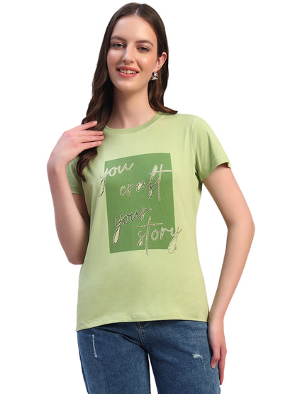 Women's Printed Mint Green Round Neck Half Sleeves Casual T-Shirt