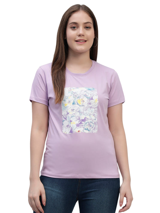 Women's Lilac Printed Half Sleeves Round Neck Casual T Shirt
