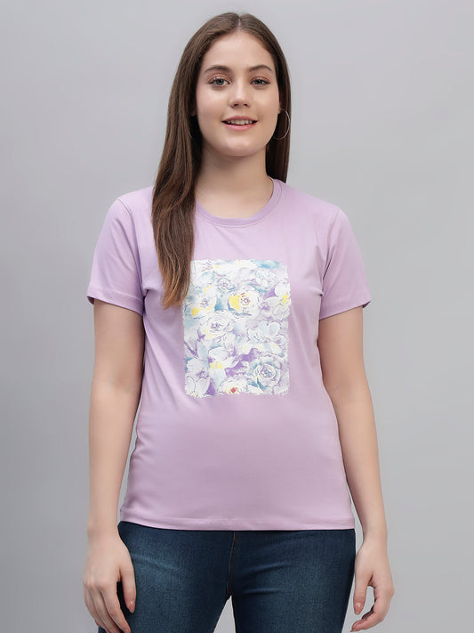 Women's Lilac Printed Half Sleeves Round Neck Casual T Shirt