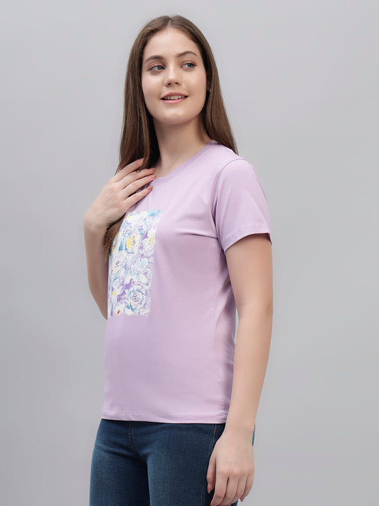 Women's Lilac Printed Half Sleeves Round Neck Casual T Shirt