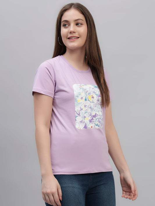 Women's Lilac Printed Half Sleeves Round Neck Casual T Shirt