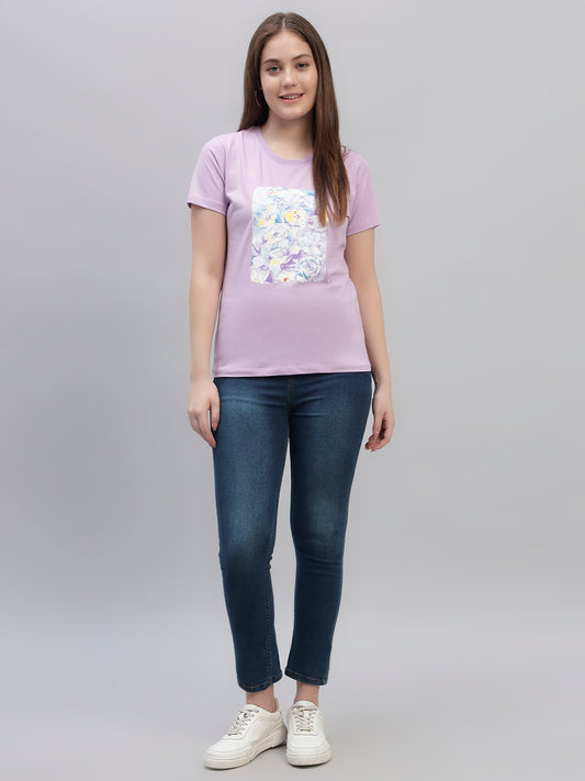 Women's Lilac Printed Half Sleeves Round Neck Casual T Shirt