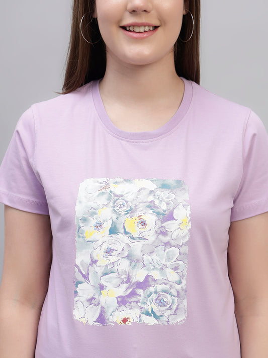 Women's Lilac Printed Half Sleeves Round Neck Casual T Shirt
