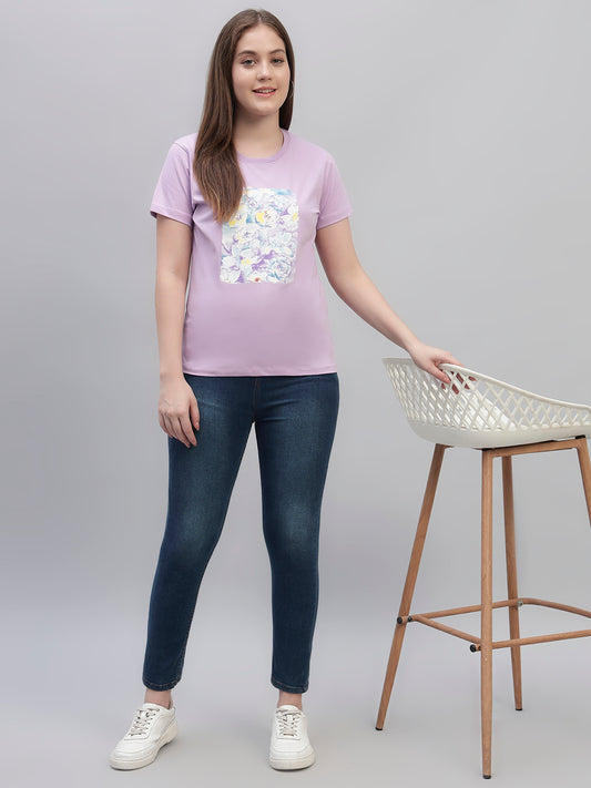 Women's Lilac Printed Half Sleeves Round Neck Casual T Shirt
