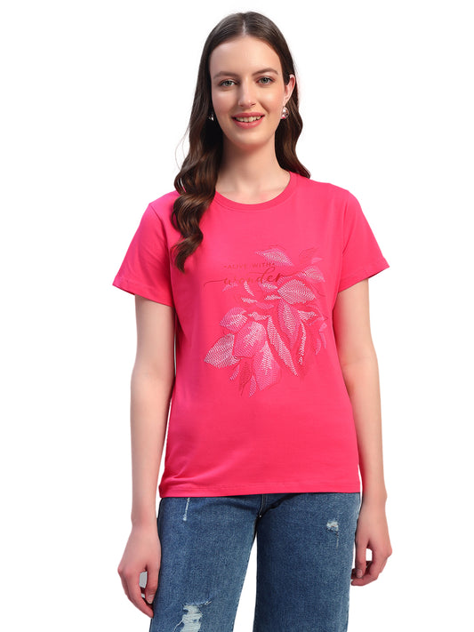 Women's Printed Fuchsia Round Neck Half Sleeves Casual T-Shirt