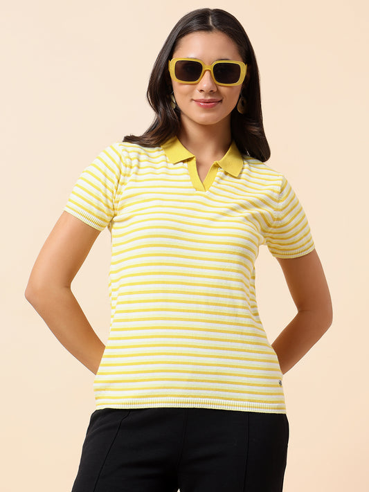T-Shirt for Women | Breathable & Soft with Color Fastness Regular Fit Polo Neck Cotton Nylon Fabric Striped Pattern