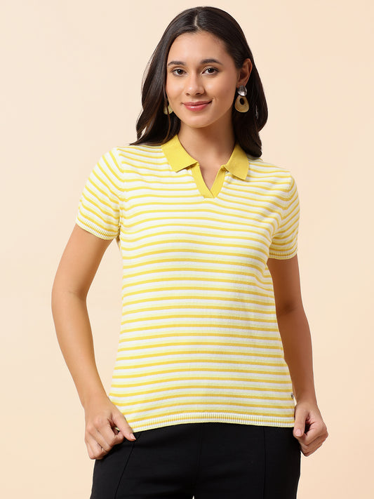 T-Shirt for Women | Breathable & Soft with Color Fastness Regular Fit Polo Neck Cotton Nylon Fabric Striped Pattern