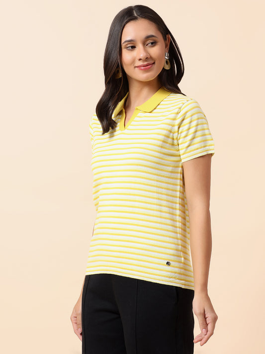 T-Shirt for Women | Breathable & Soft with Color Fastness Regular Fit Polo Neck Cotton Nylon Fabric Striped Pattern