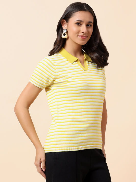 T-Shirt for Women | Breathable & Soft with Color Fastness Regular Fit Polo Neck Cotton Nylon Fabric Striped Pattern