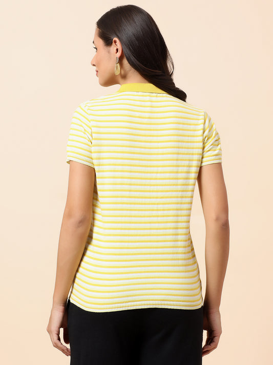 T-Shirt for Women | Breathable & Soft with Color Fastness Regular Fit Polo Neck Cotton Nylon Fabric Striped Pattern