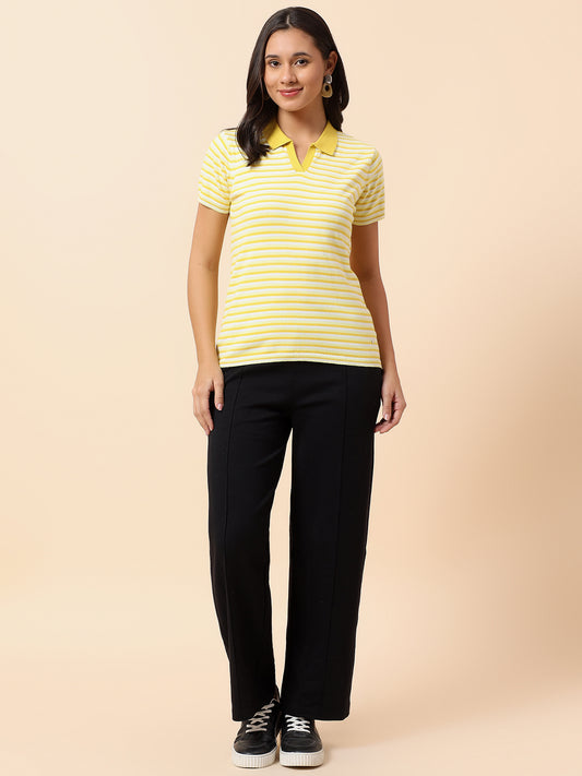 T-Shirt for Women | Breathable & Soft with Color Fastness Regular Fit Polo Neck Cotton Nylon Fabric Striped Pattern